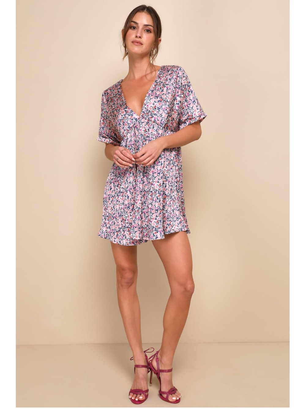 Lulus Express Yourself Blush Pink Floral Print Satin Babydoll Mini Dress XL